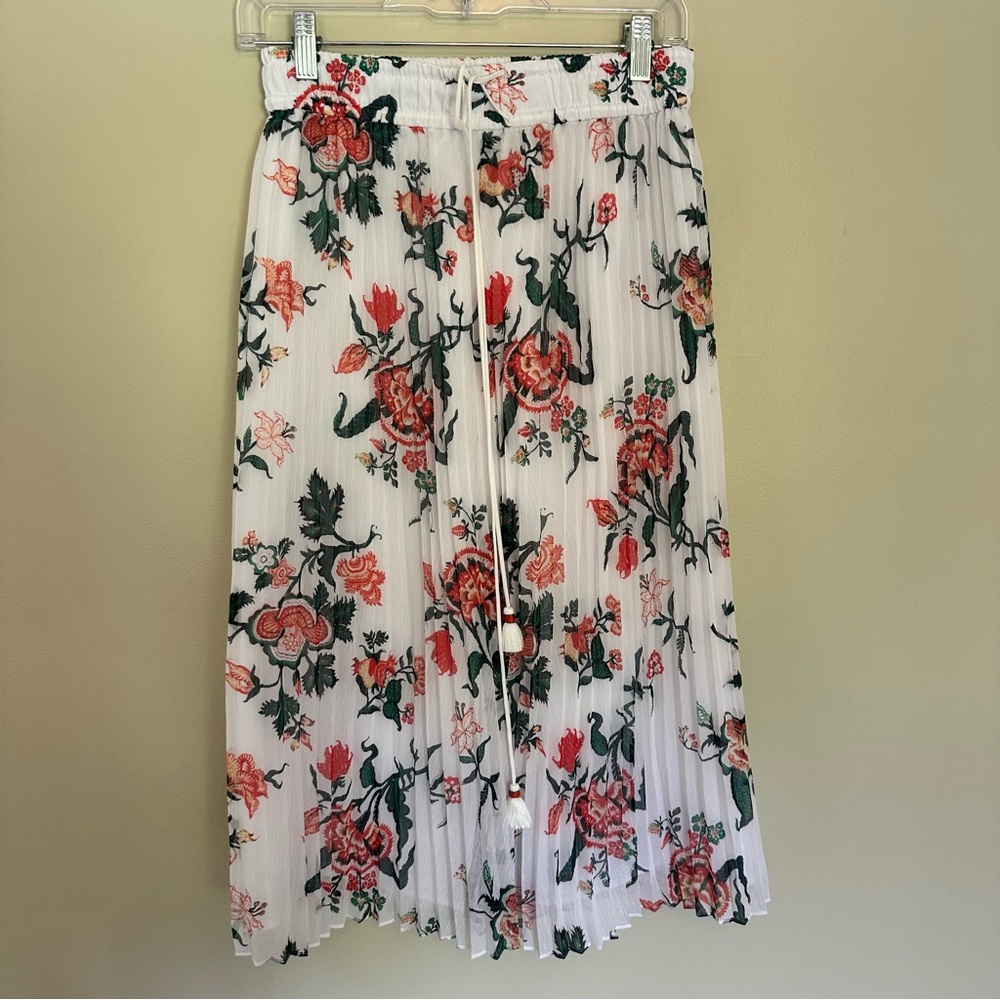 Club Monaco Pleated Chiffon Floral Midi Skirt White Red Green S